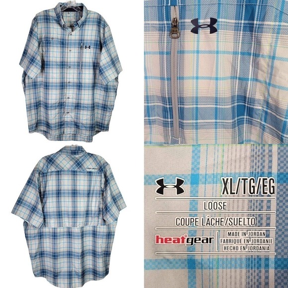 Under Armour UA Shirt SS Golf Hike Heat Gear Button Up Plaid Men’s Blue Size XL - Picture 1 of 14